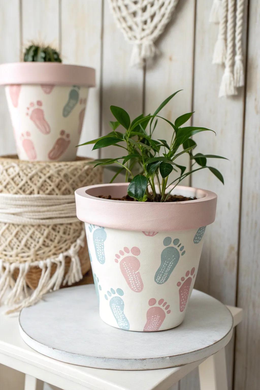 Capture the charm of tiny footprints with this unique flower pot creation. Perfect for adding a touch of handcrafted elegance to your space.