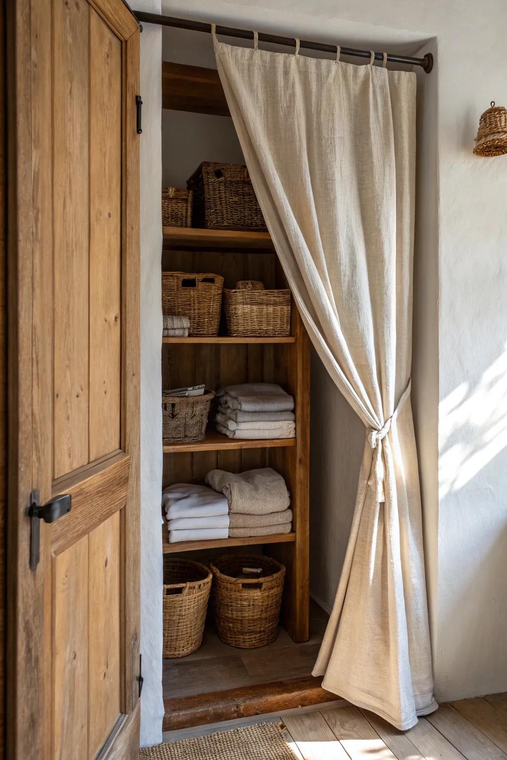 Transform your closet with a touch of minimalist elegance: go doorless with a soft linen curtain for easy access and style.
