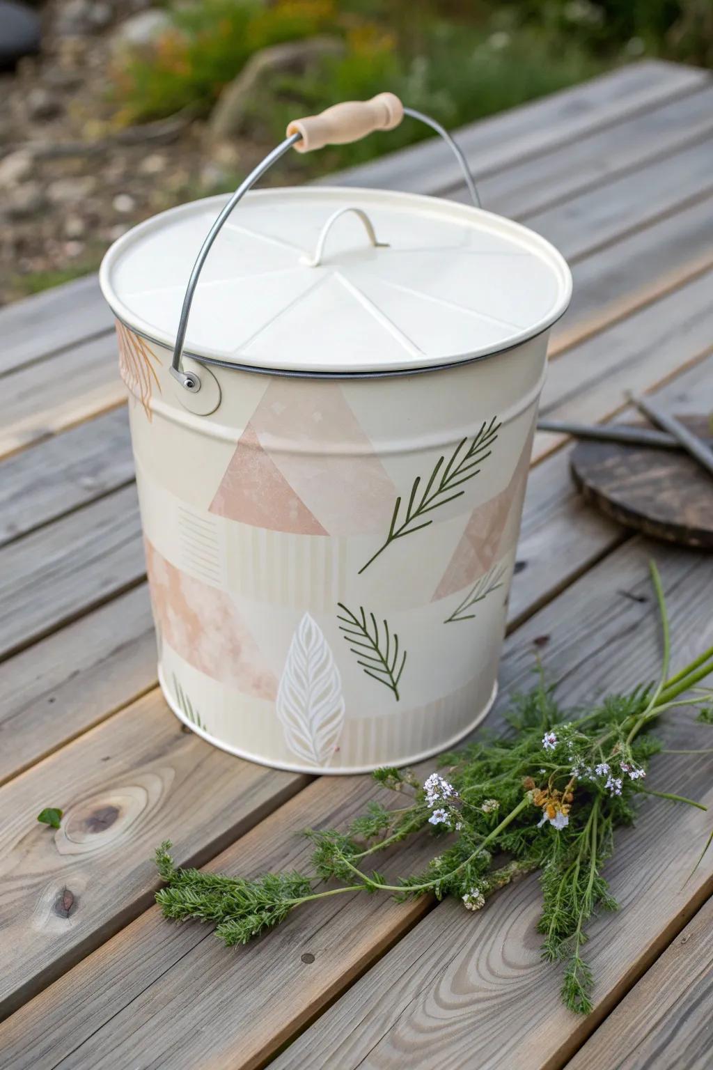 Transform your space with minimalist elegance: an upcycled paint bucket compost bin.