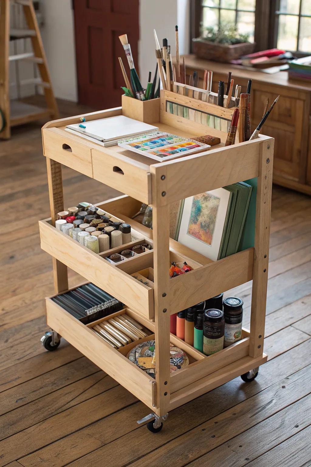 Effortless organization meets artisan craftsmanship with this elegant rolling cart. Perfect for every creative space.