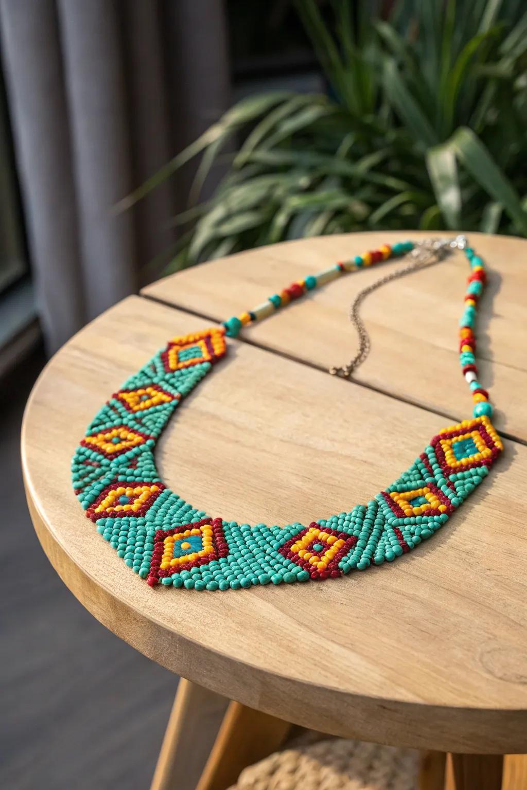 Discover the world in a strand: Ethnic patterns meet minimalist elegance in this seed bead necklace.
