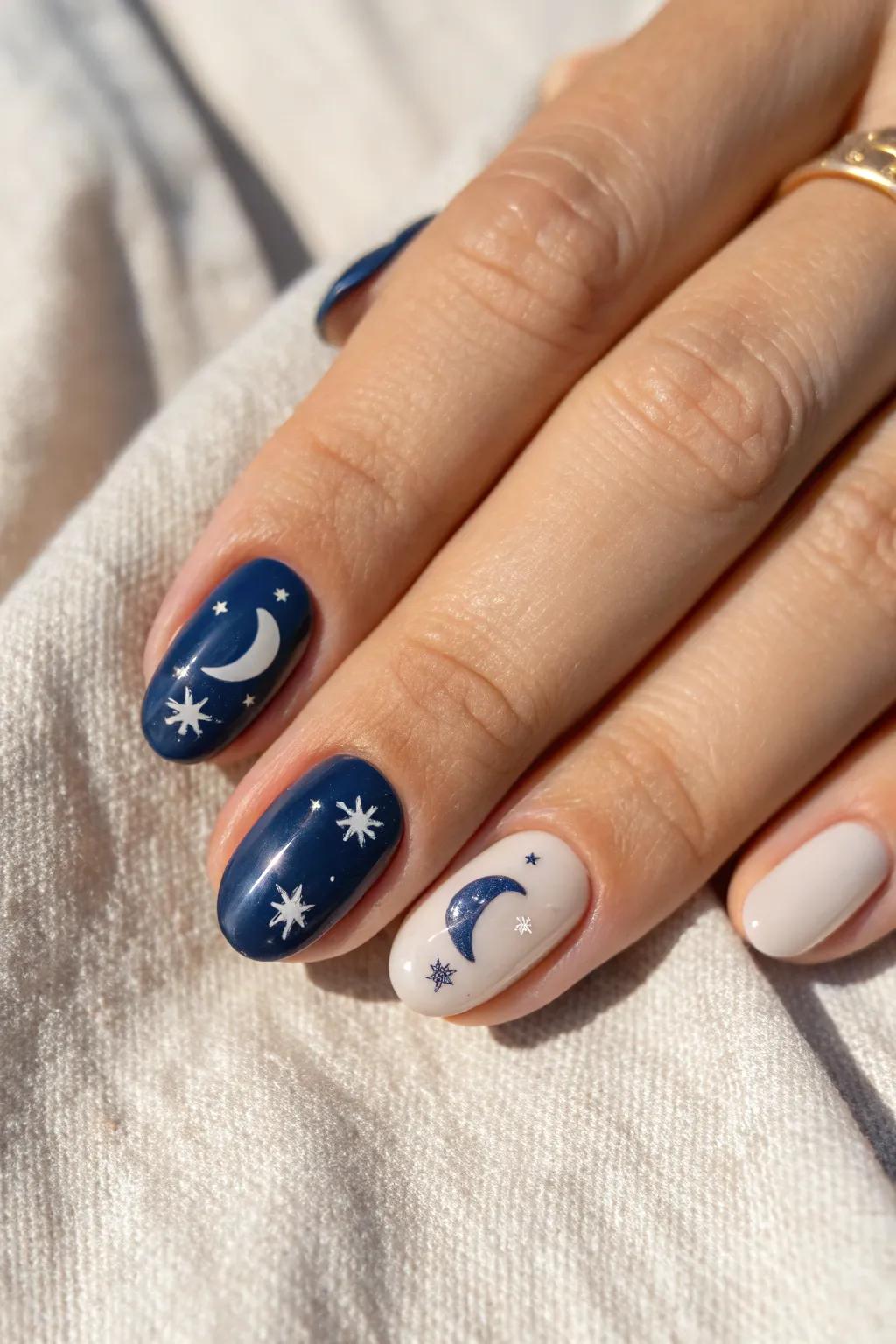 Embrace subtle patriotism with chic Half Moon Stars nail art, perfect for a minimalist Fourth of July look.