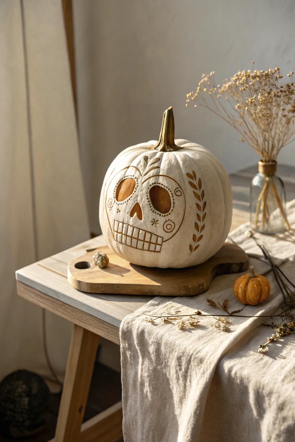 Elevate your autumn decor with this stunning skeleton-carved pumpkin, where minimalist elegance meets boho charm.