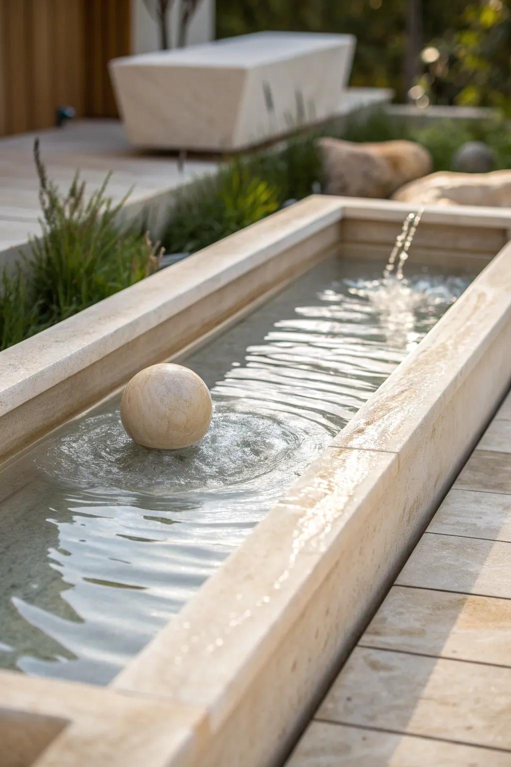 Experience the serene beauty of a marble's journey through a tranquil water feature, where simplicity meets elegance.