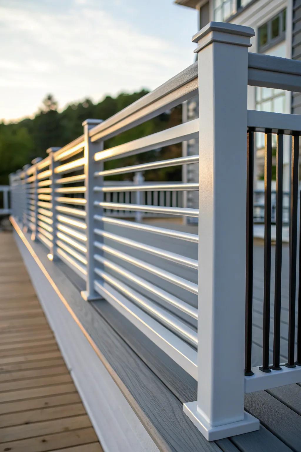 Elevate your outdoor space with the modern elegance of horizontal slats in vinyl deck railings.