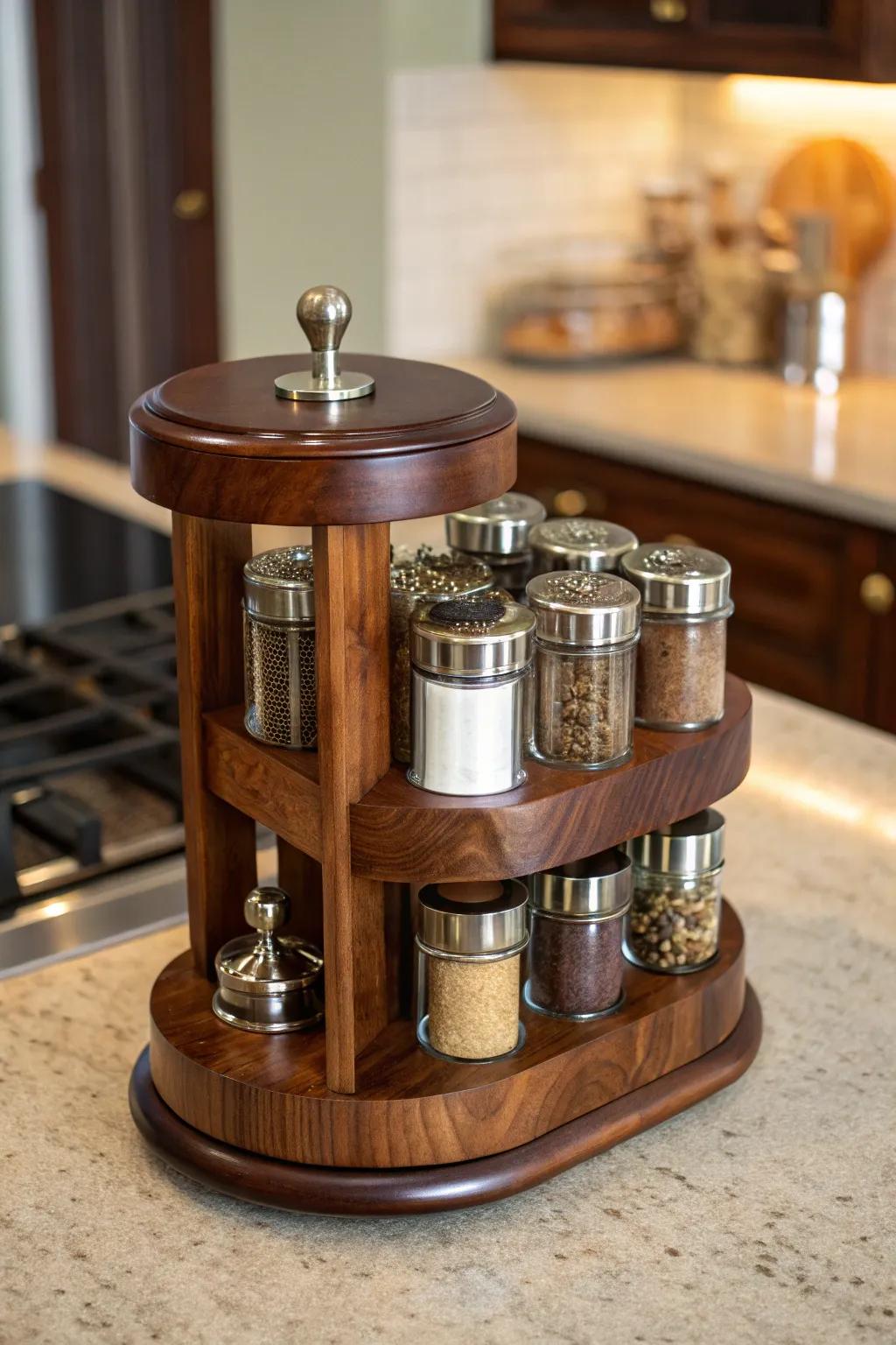 Spin into flavor with this handcrafted walnut rotating spice rack, a perfect blend of style and practicality for your kitchen.
