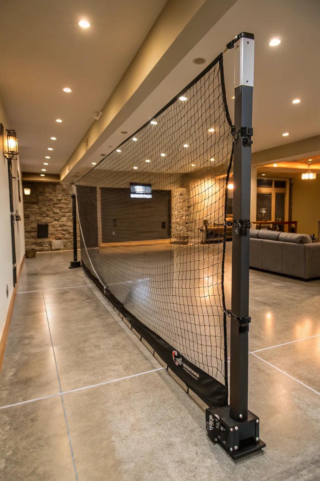 Transform your basement with a sleek retractable net system—where versatility meets precision craftsmanship.