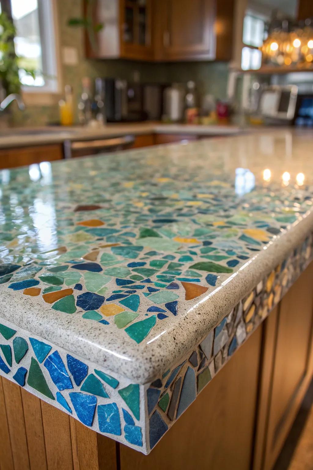 Elevate your outdoor kitchen with a sustainable touch: Recycled glass countertops that blend style and eco-consciousness.