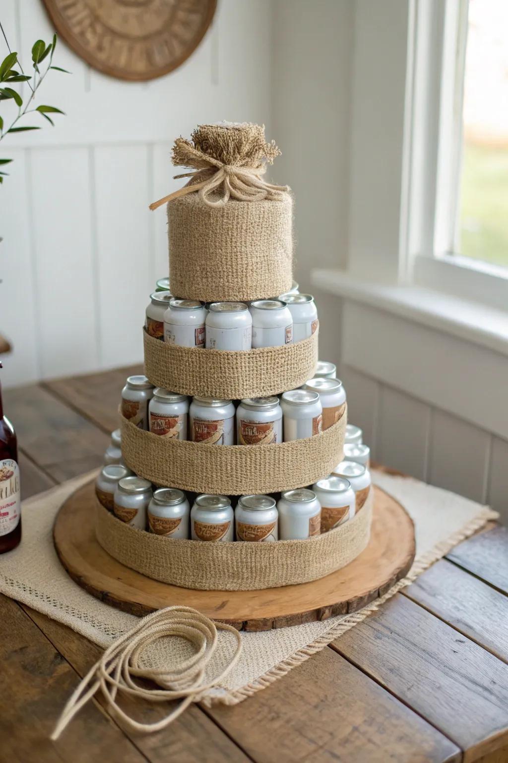 Elevate your celebrations with a rustic beer cake tower wrapped in burlap and twine.