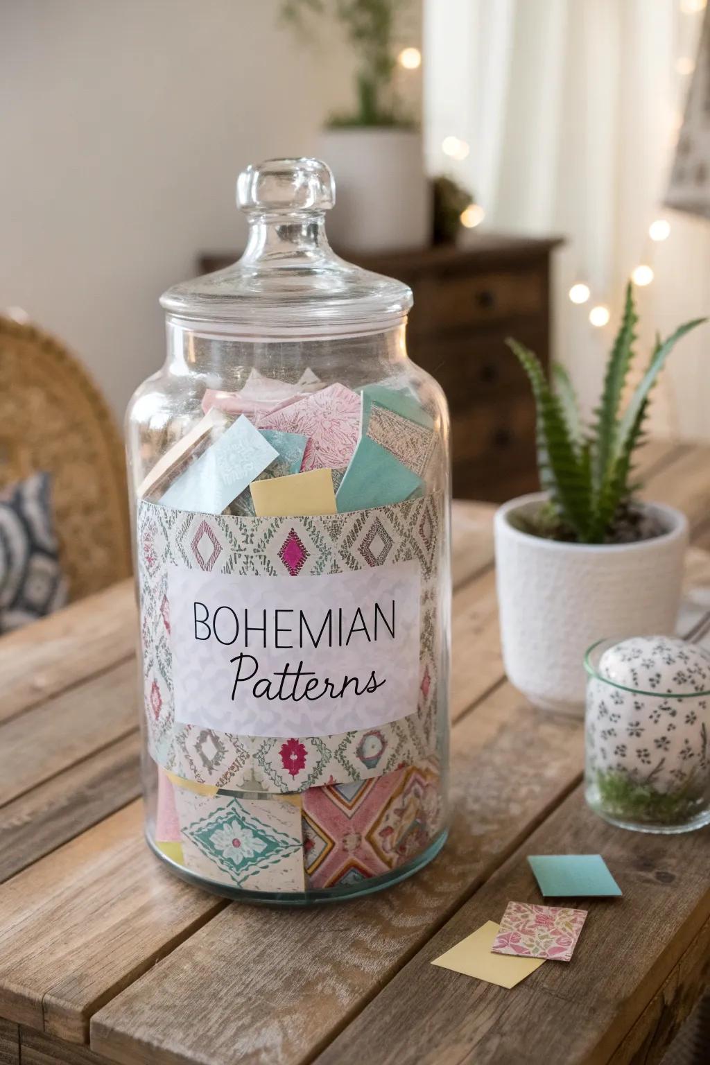 Capture the heartwarming essence of personalized messages with this charming tip jar, blending minimalist elegance with bohemian flair.