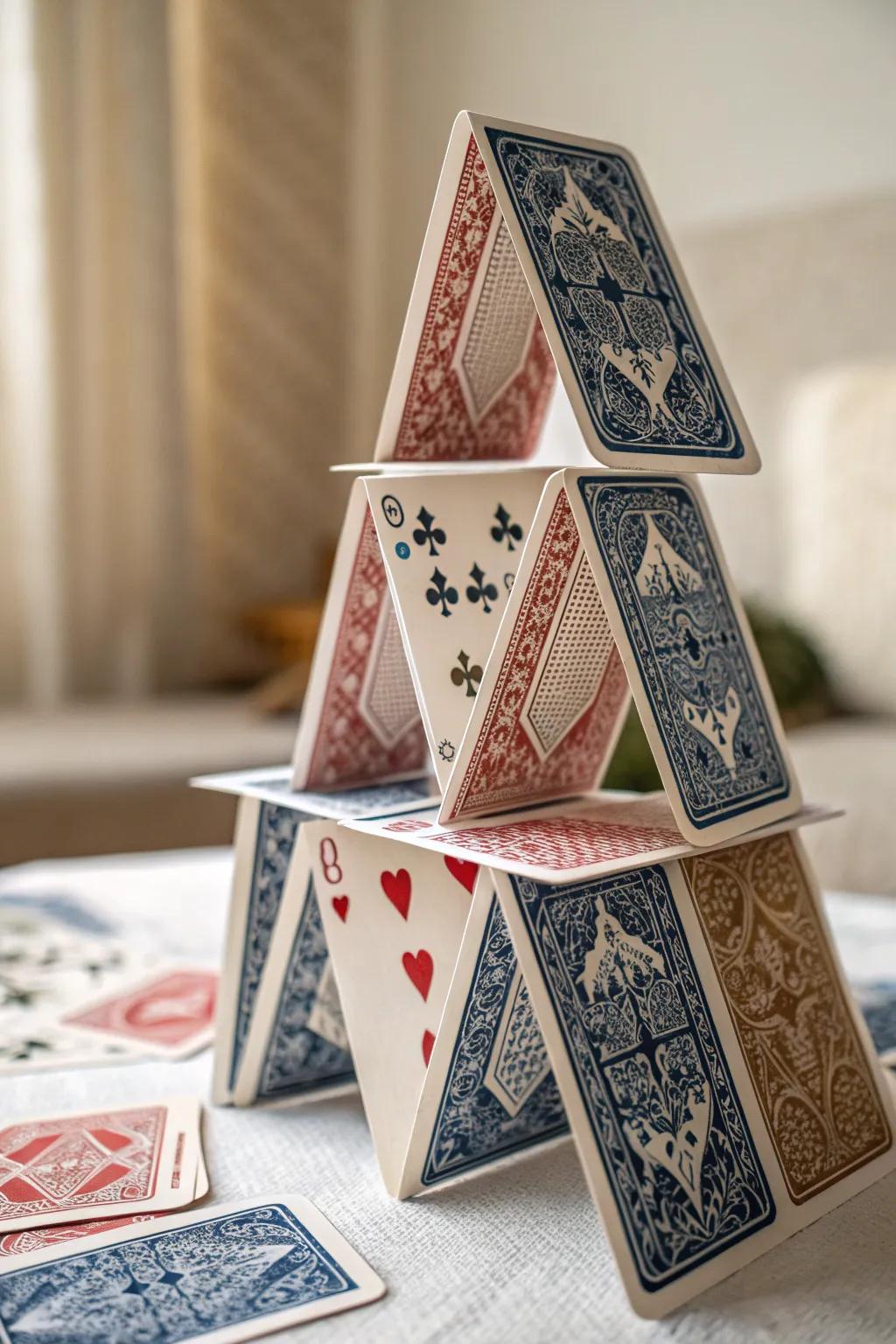 Elevate your card tower game with stunning bridge designs that blend minimalist charm with bold colors.