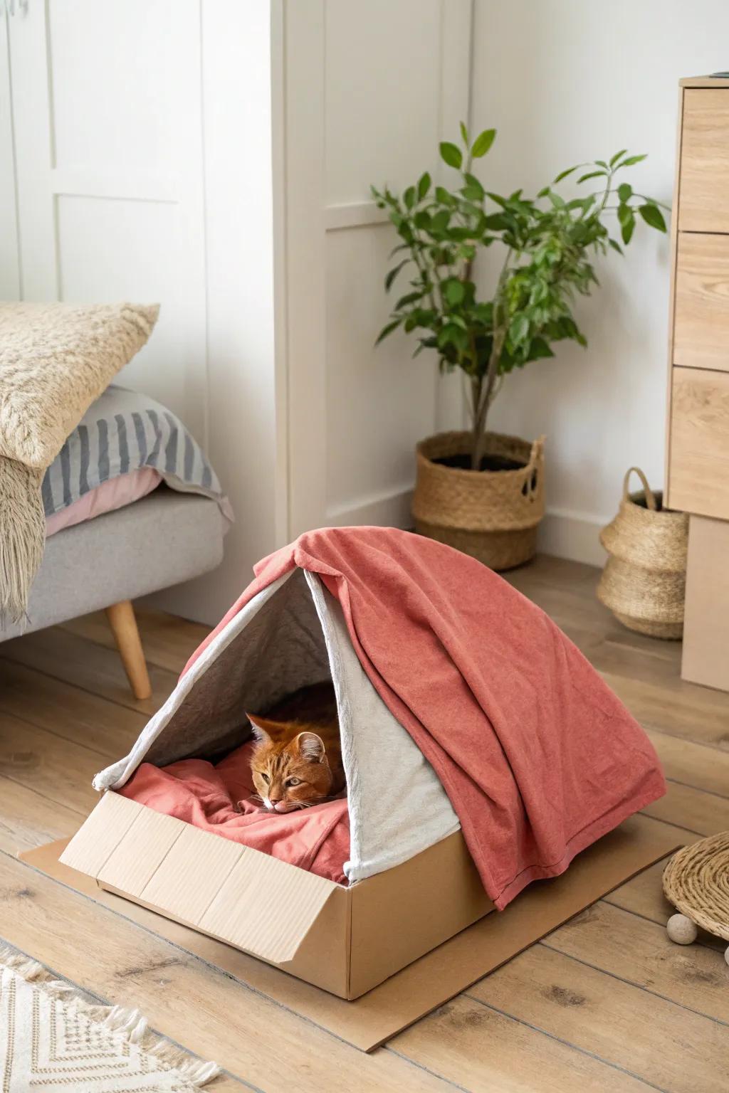 Craft a cozy retreat with a touch of boho charm for your feline friend using an old t-shirt and a simple box.