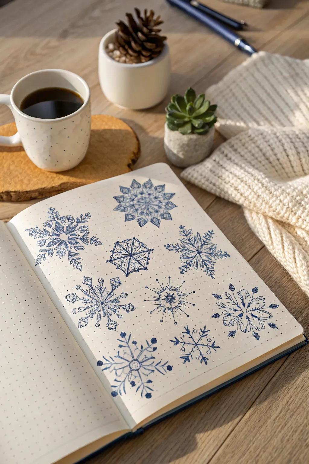 Capture the essence of winter magic with serene snowflake doodles in your bullet journal. ❄️✨ #BulletJournal #WinterMagic #ScandiBoho