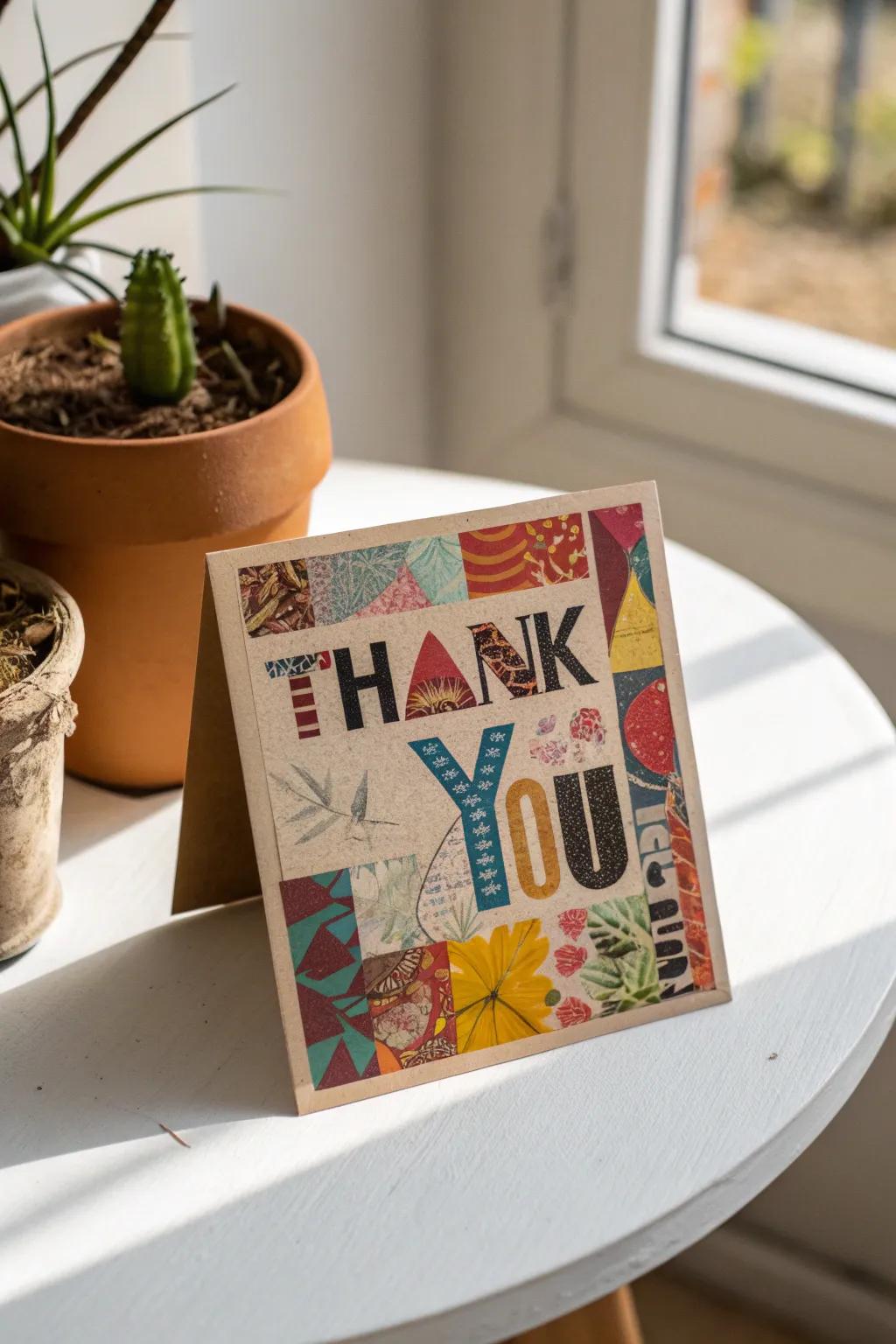 Transforming scraps into art: A stunning eco-friendly thank you card that blends bold colors with minimalist charm.