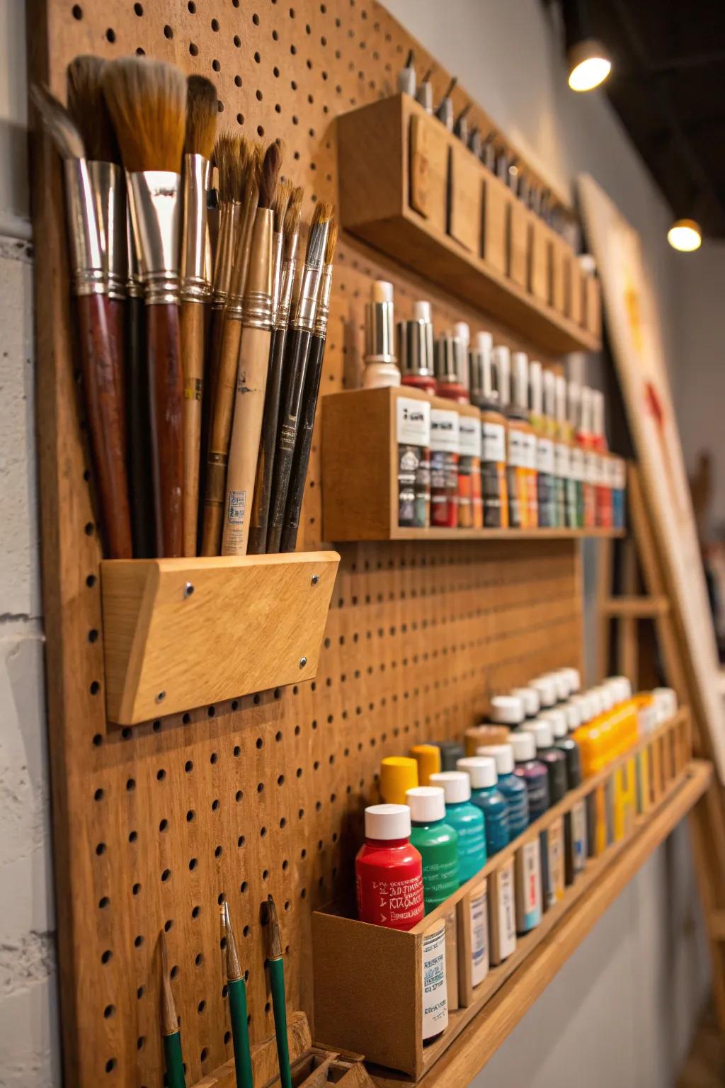 Art Supply Paradise: Elevate your creative space with a masterfully organized pegboard display.