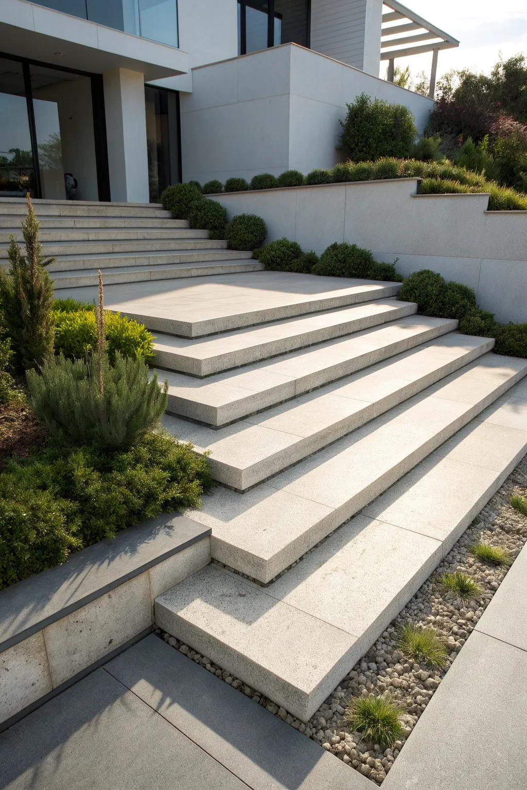 Elevate your entrance with layered concrete steps that blend functionality with stunning design.