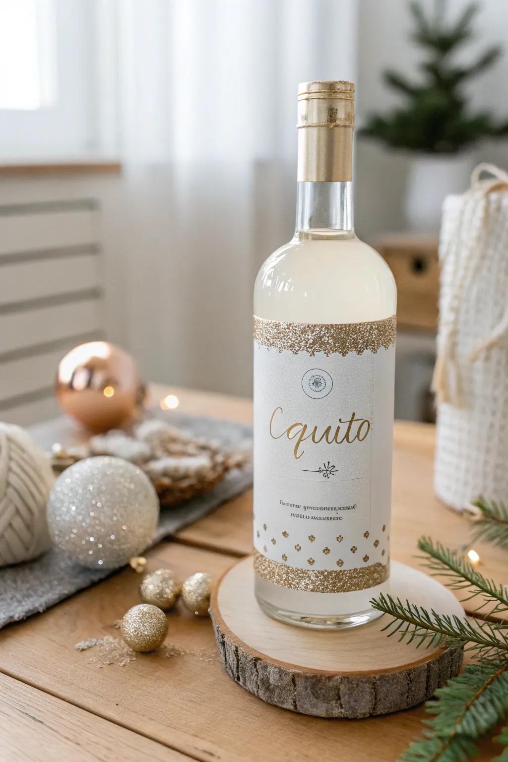 Add a sparkle to your Coquito with a minimalist, glitter-accented label that shines under holiday lights.