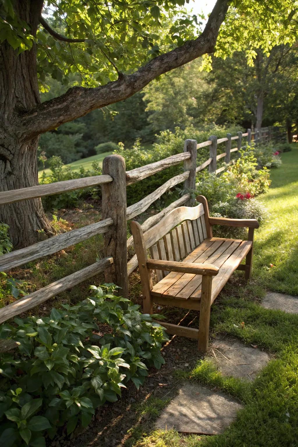 Craftsmanship meets comfort: a rustic fence corner transformed into the perfect outdoor retreat.