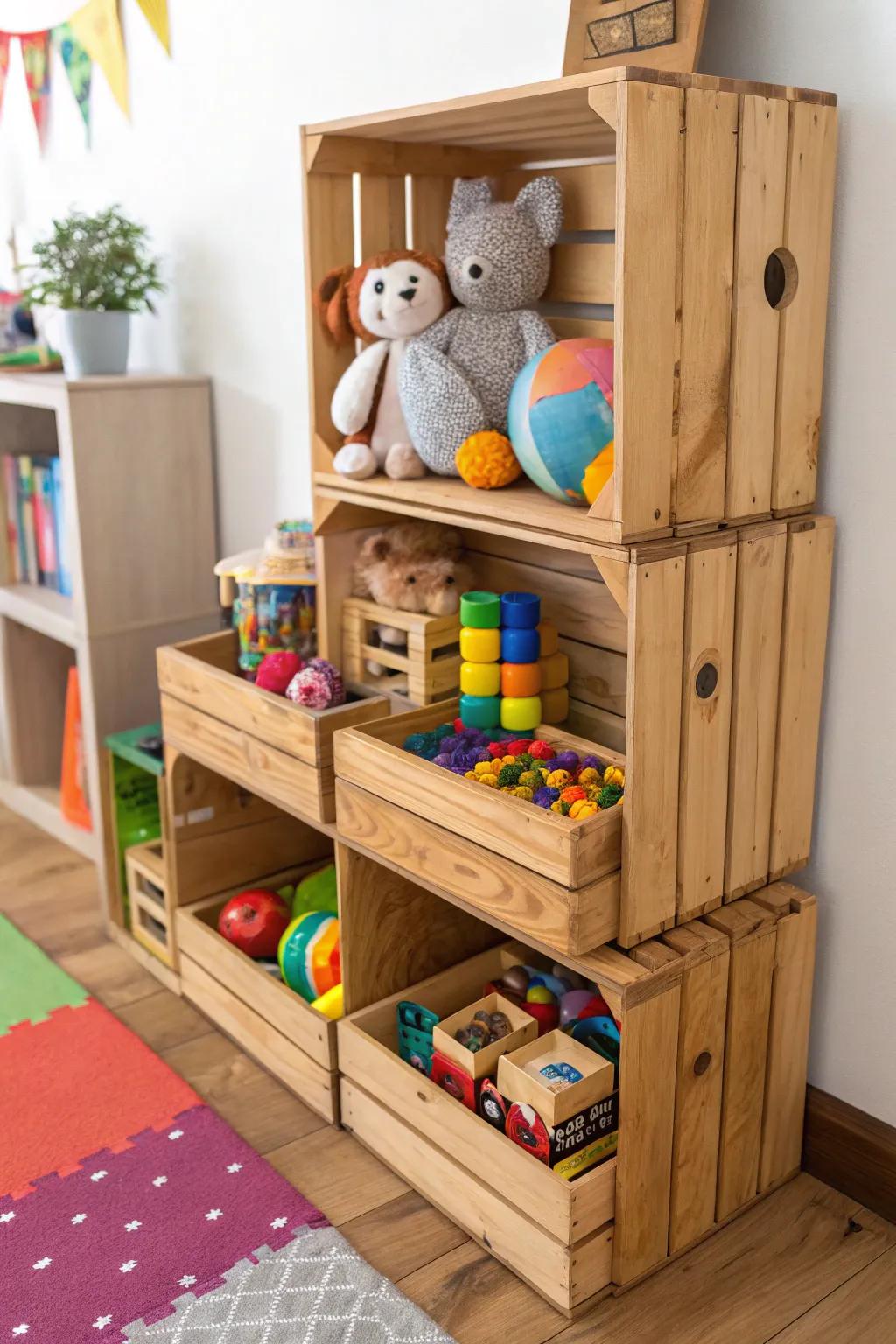 Transform playtime with handcrafted wooden crate shelves - where organization meets fun!