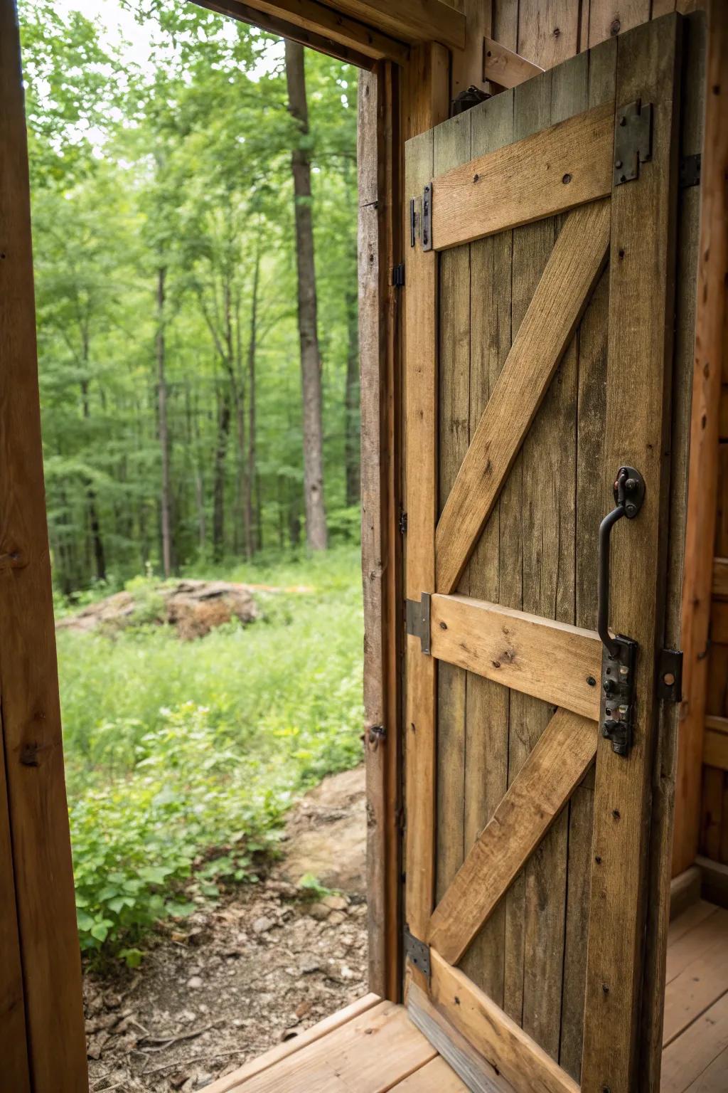 Rustic charm meets sustainability: A deer blind door crafted from reclaimed barn wood.