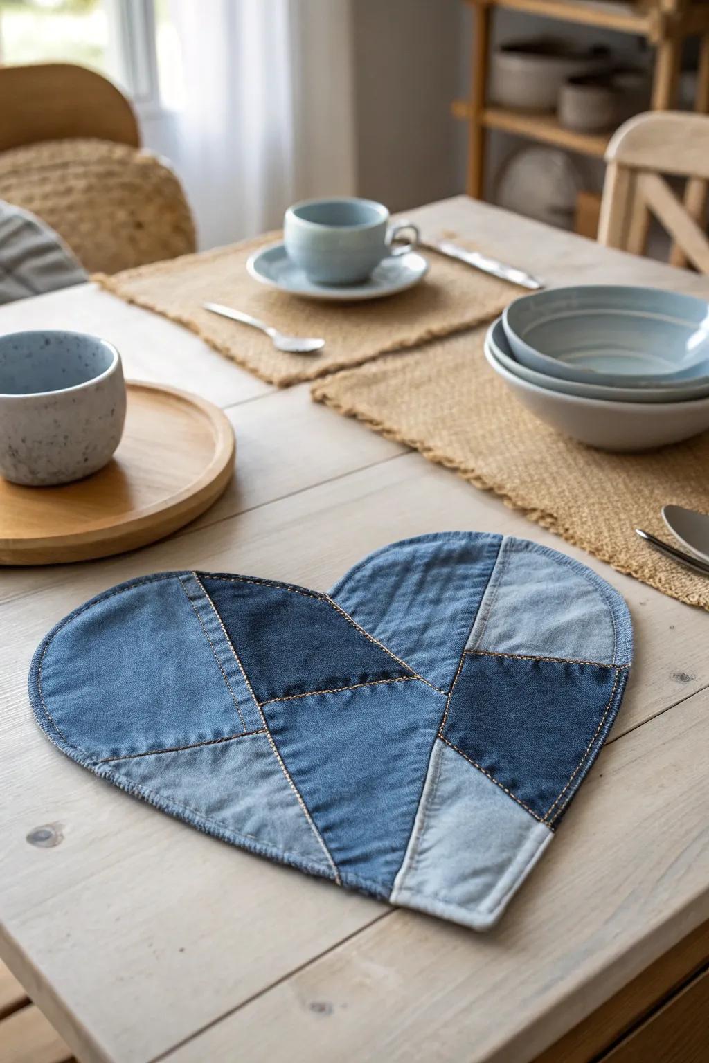 Add a touch of warmth to your table with a handcrafted denim heart centerpiece — where simplicity meets heartfelt elegance.