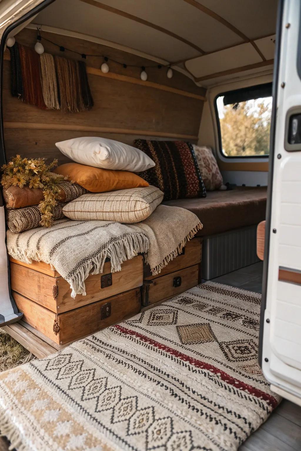 Transform your camper into a haven of comfort with layered textiles that feel like a warm hug.