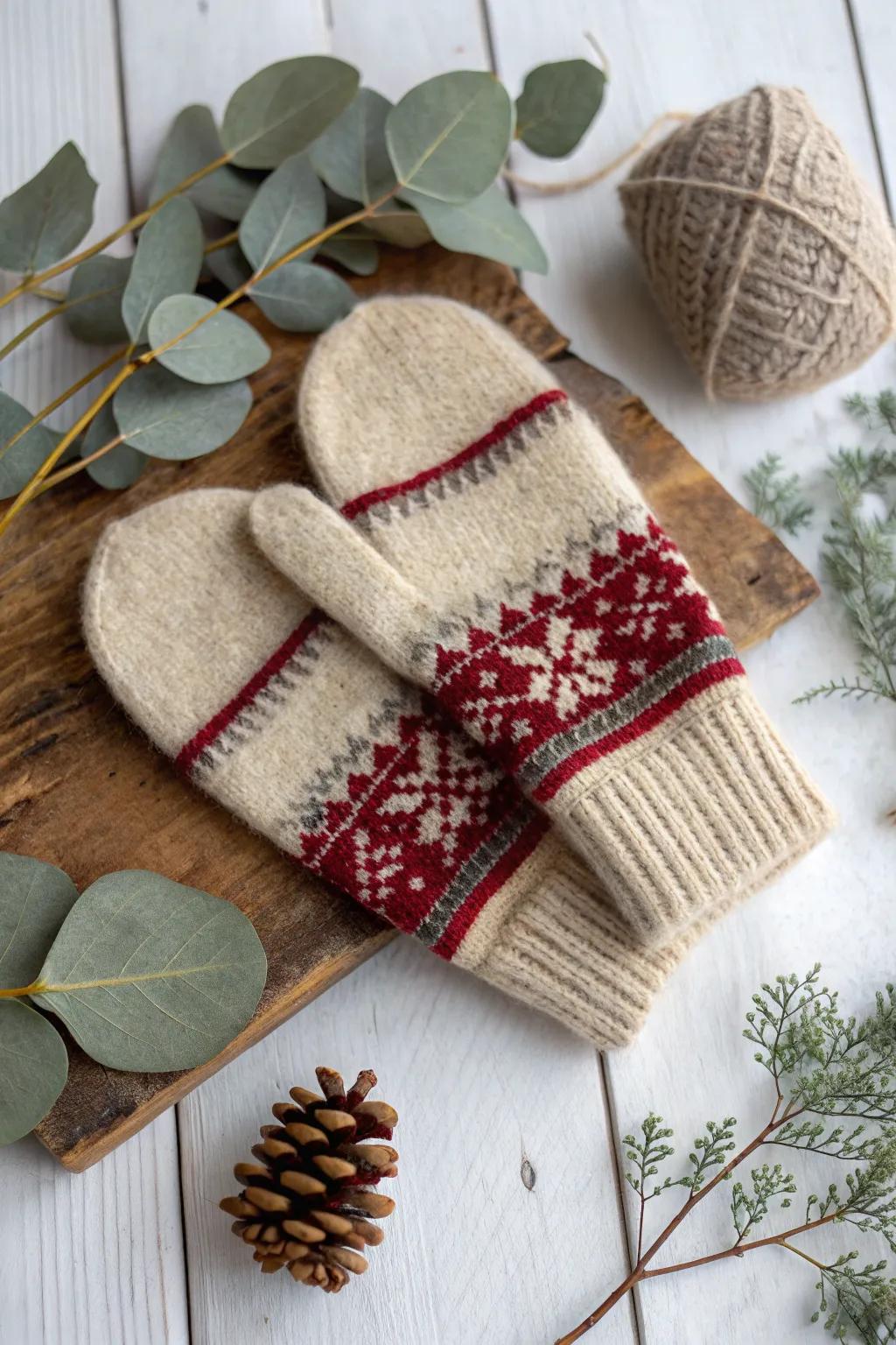 Cozy upcycled sweater mittens - a sustainable touch of warmth and style for the holidays.