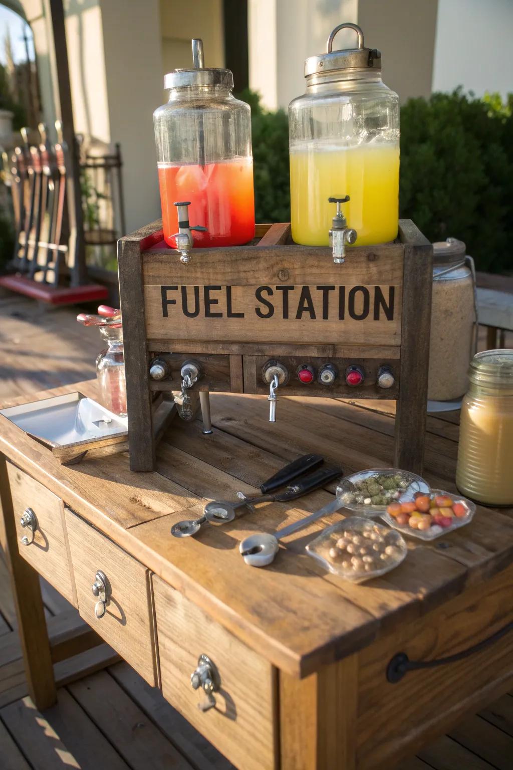 Rev up your party with our handcrafted 'Fuel Station' drink bar, a perfect blend of style and functionality!