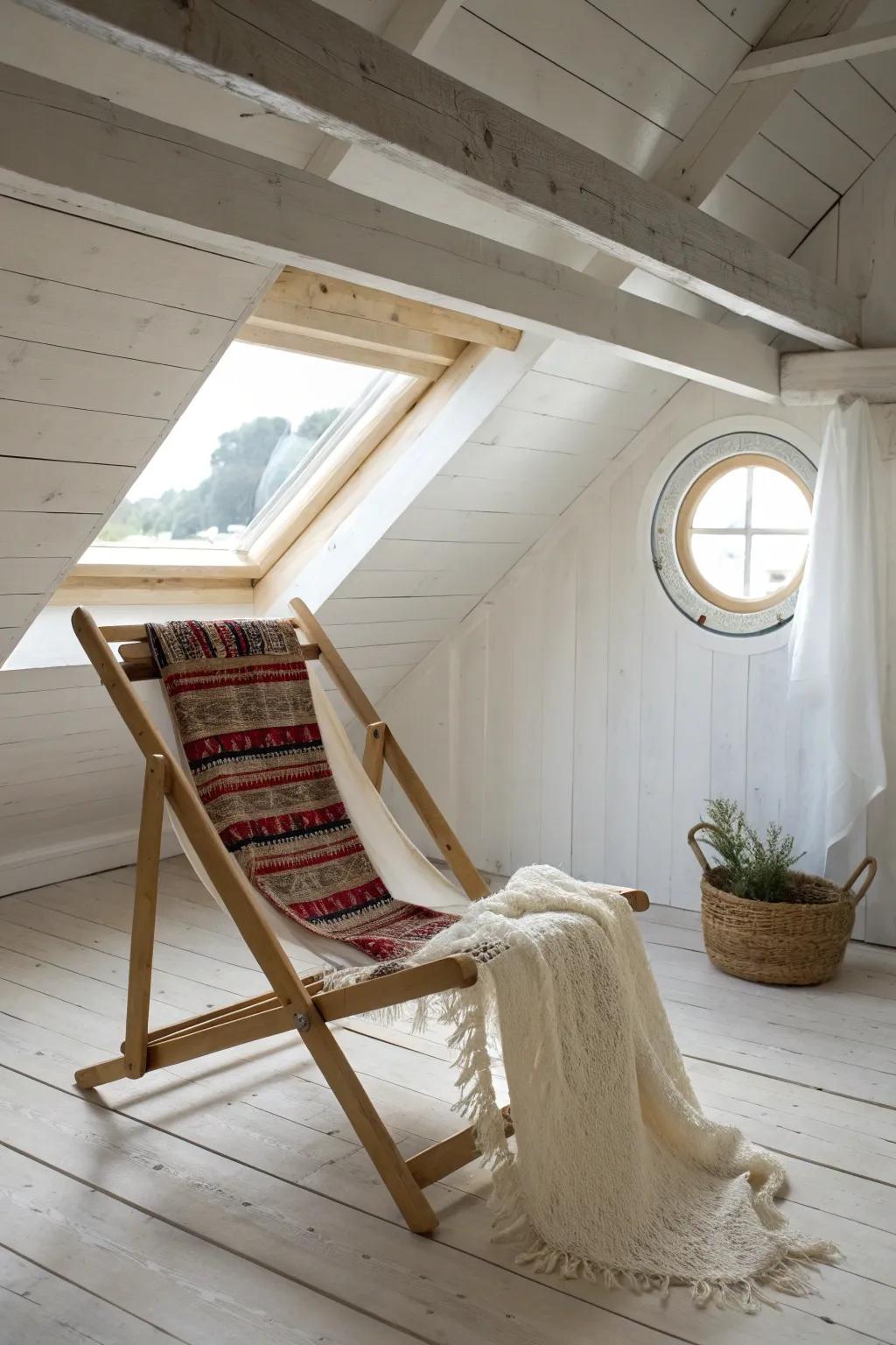 Elevate your attic space with stylish folding chair storage. Embrace simplicity and vivid hues.