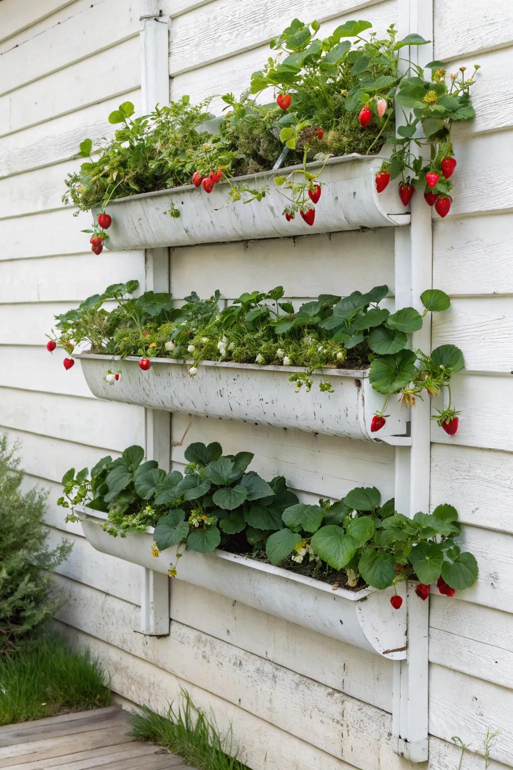 Transform your space with eco-friendly elegance: A stunning vertical garden crafted from repurposed gutters.