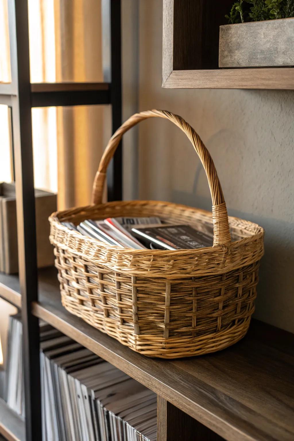 Elevate your storage game with this stylish wicker basket solution.