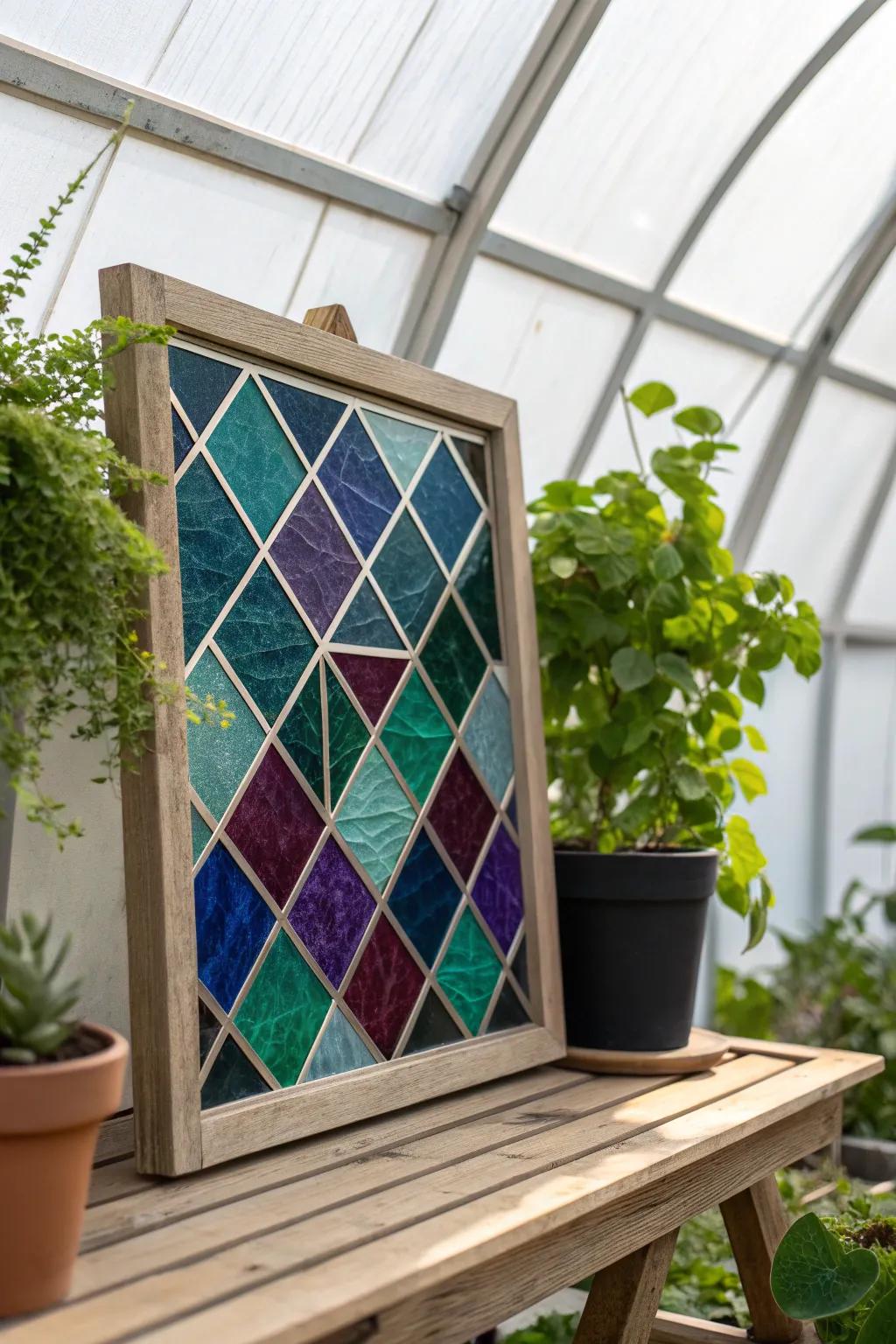 Transform your greenhouse with the vibrant beauty of mosaic glass accents. 🌿✨ #DIYGreenhouse #ScandiBoho