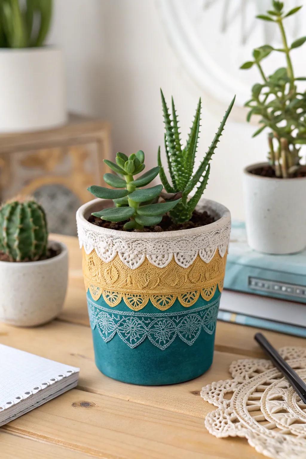 Elevate your workspace with a handcrafted touch: a unique lace-textured clay plant holder for a pop of color and natural beauty.