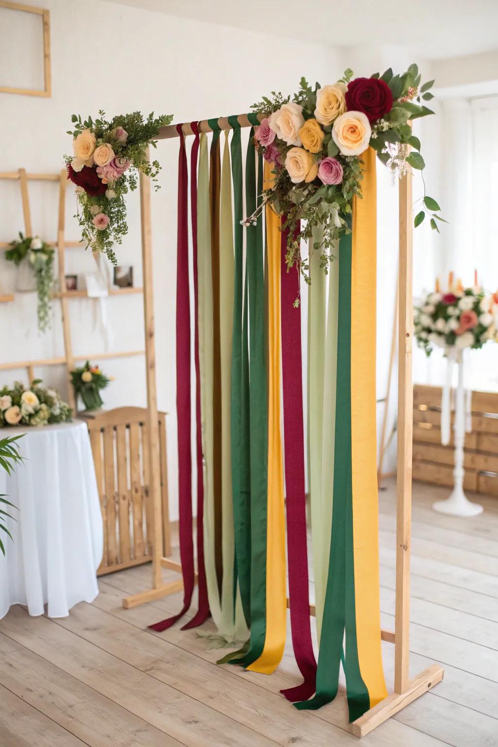 Create a dreamy atmosphere with a ribbon and floral backdrop that captures the essence of romance and simplicity.