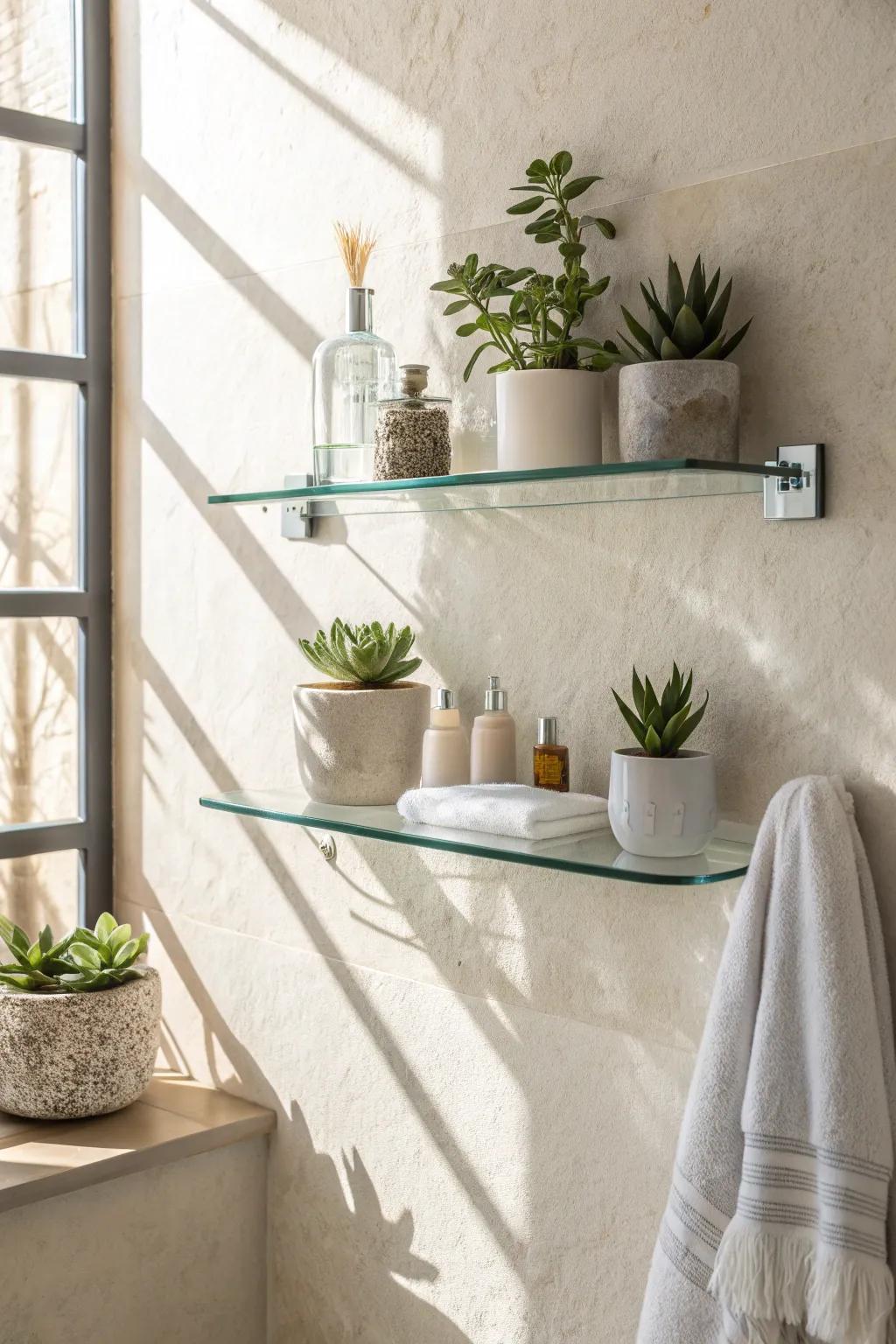 Elevate your space with elegant glass shelving that embraces light and simplicity.