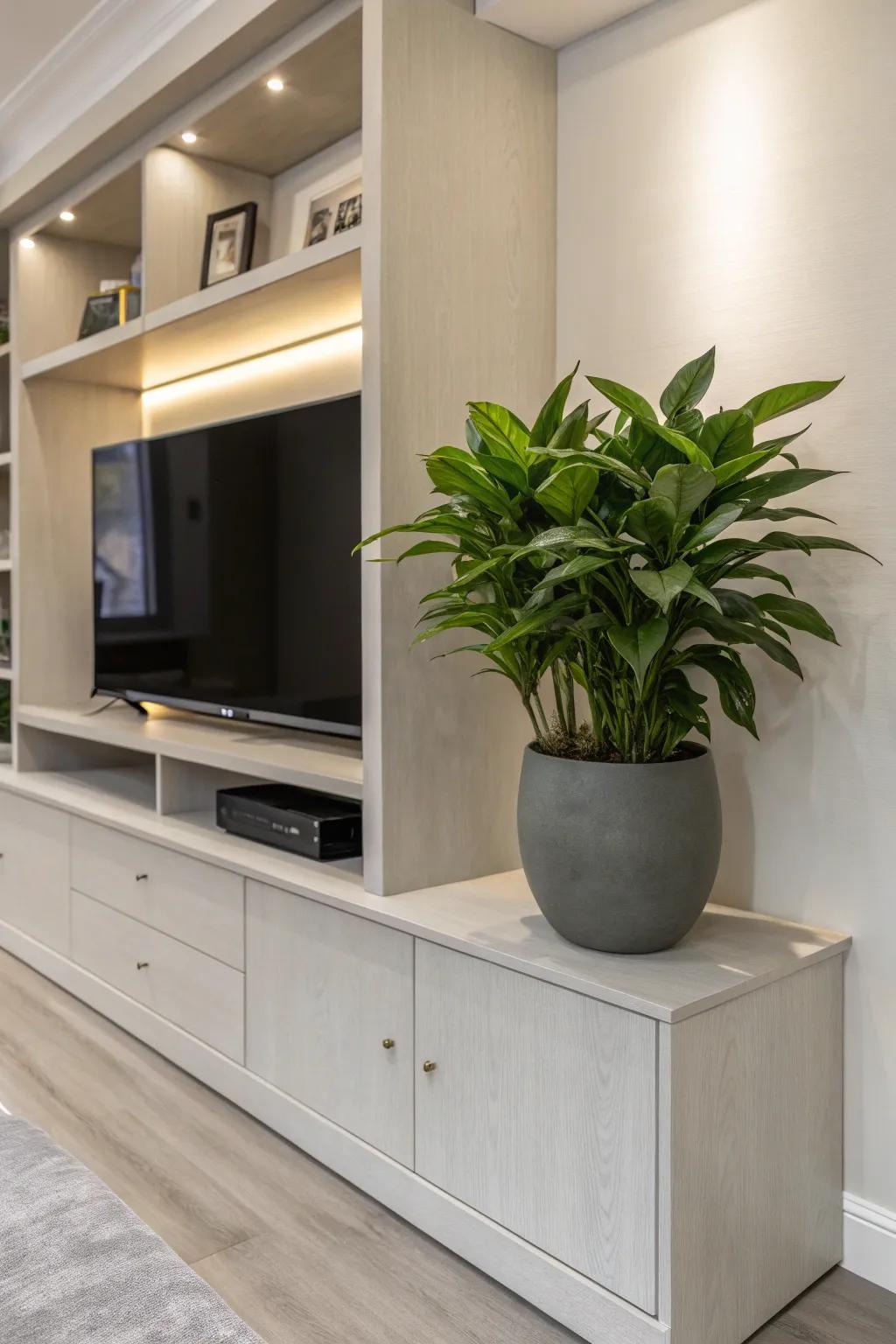 Elevate your entertainment space with a touch of nature—where craftsmanship meets greenery.