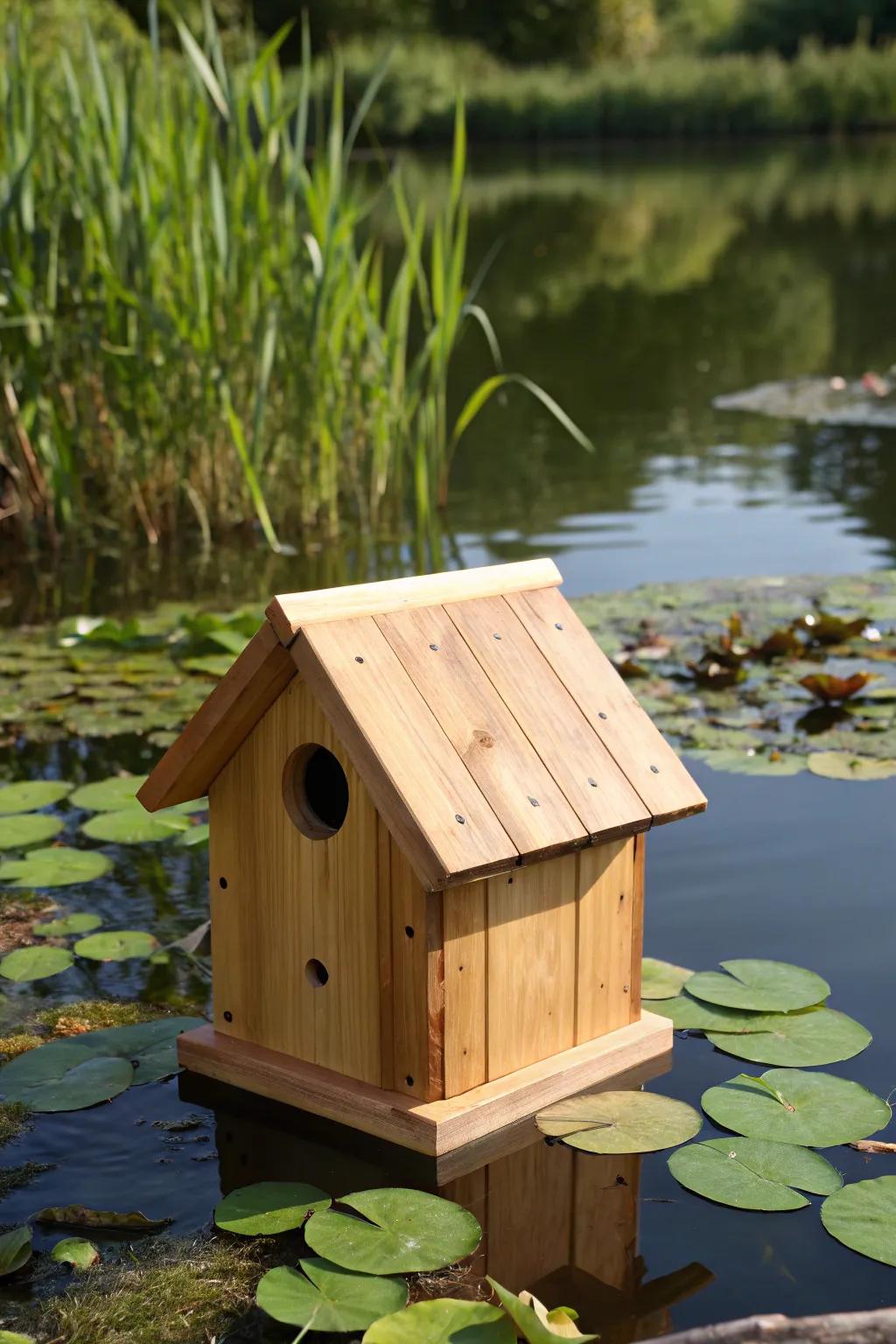 Elevate your pond's appeal with a masterfully crafted floating nesting box.