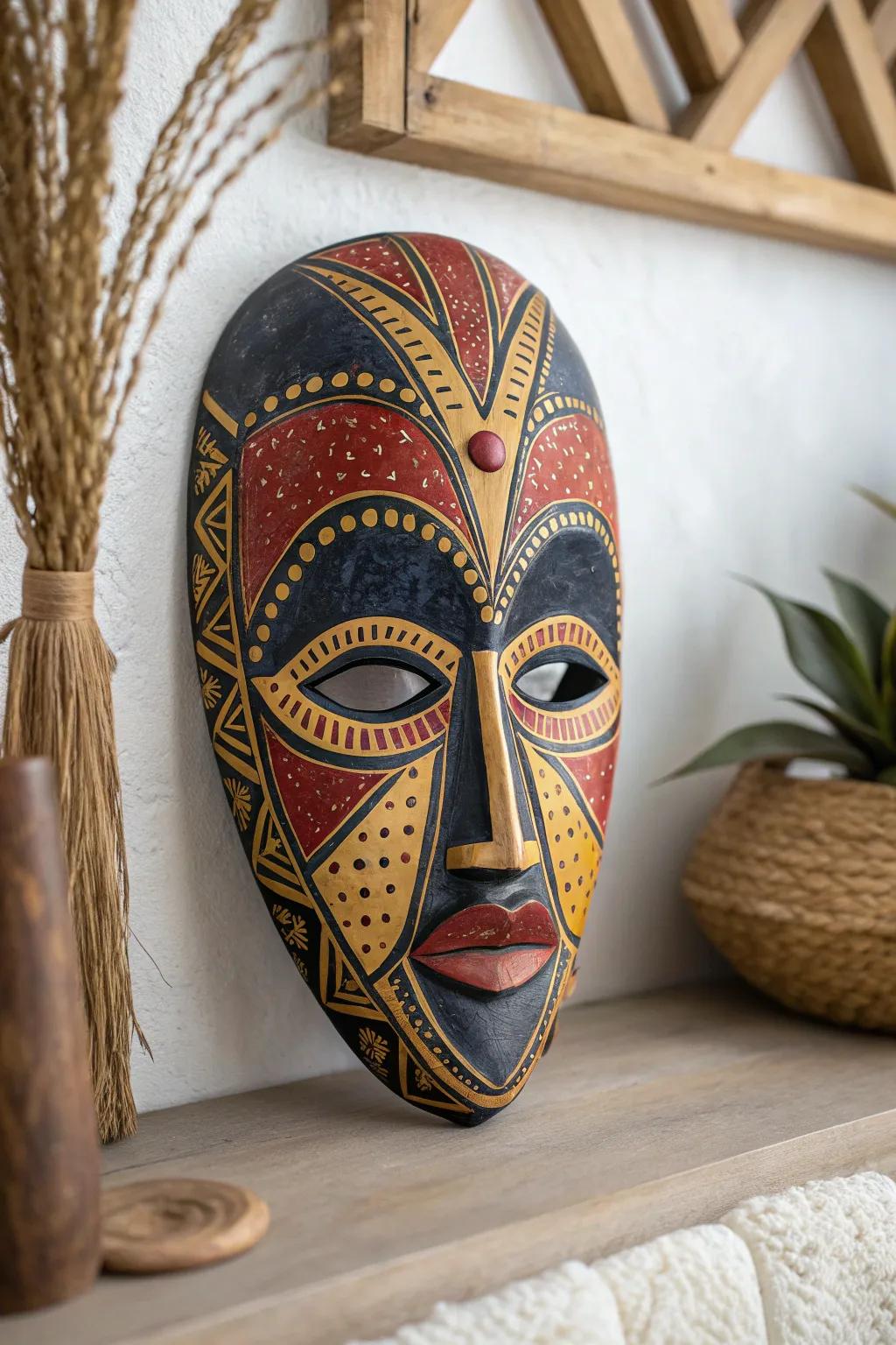 Discover the art of textured paint techniques with this exquisite handcrafted mask, where bold colors and intricate patterns bring minimalist beauty to life.