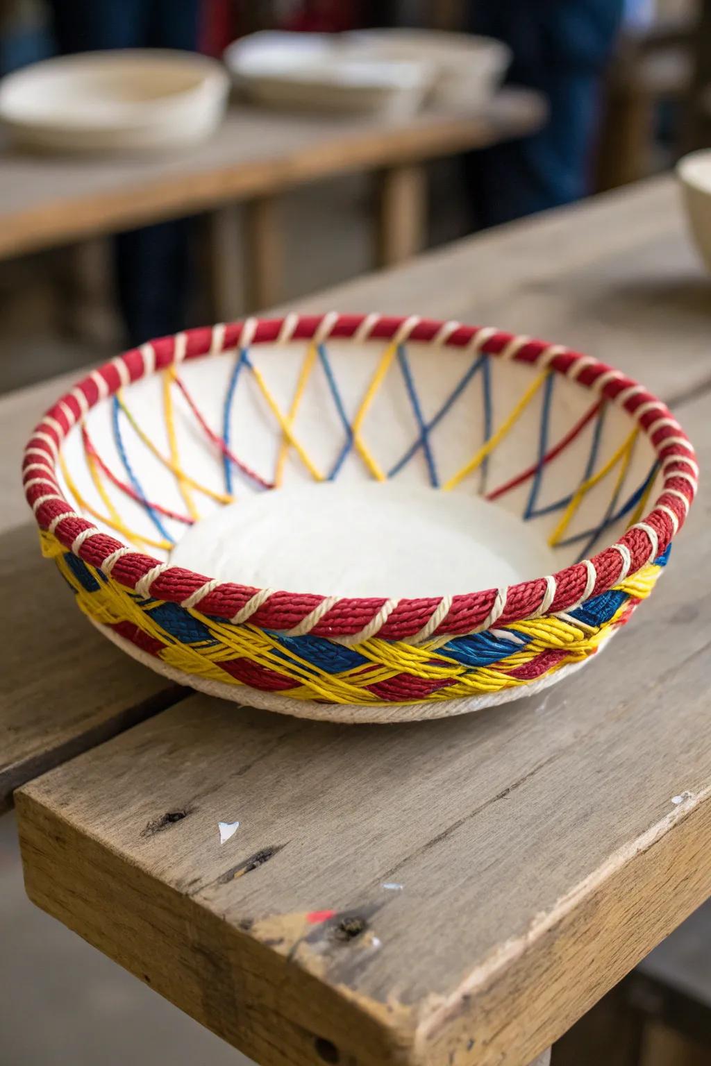 Craftsmanship meets creativity: Transform paper plates into vibrant woven bowls.