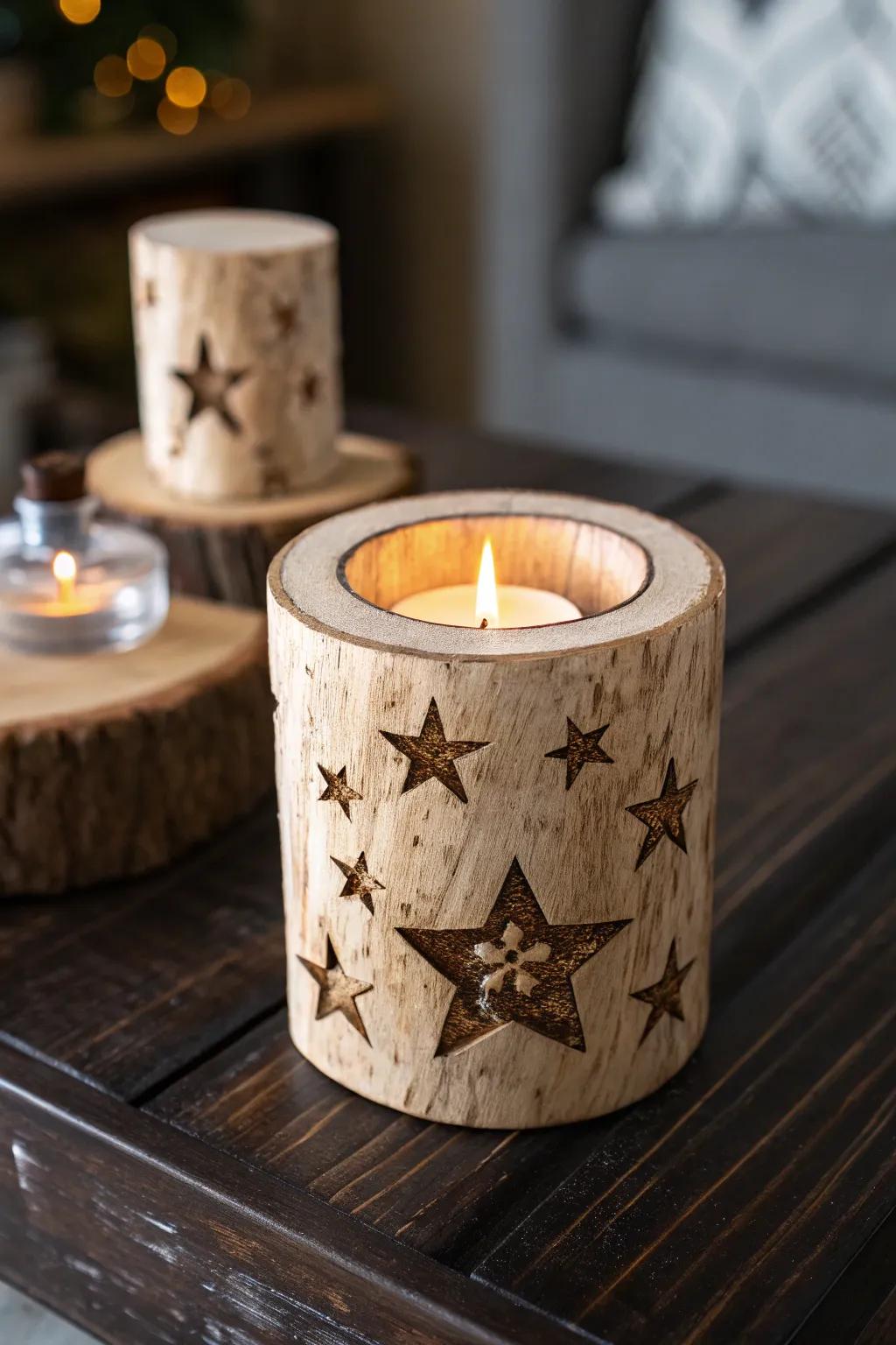 Illuminate your space with handcrafted charm: a starry night wooden candle holder.