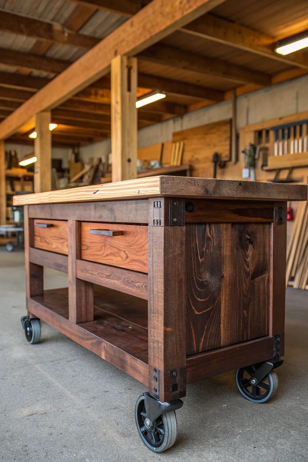 Elevate your workspace with a mobile workbench that blends rustic charm and modern functionality.