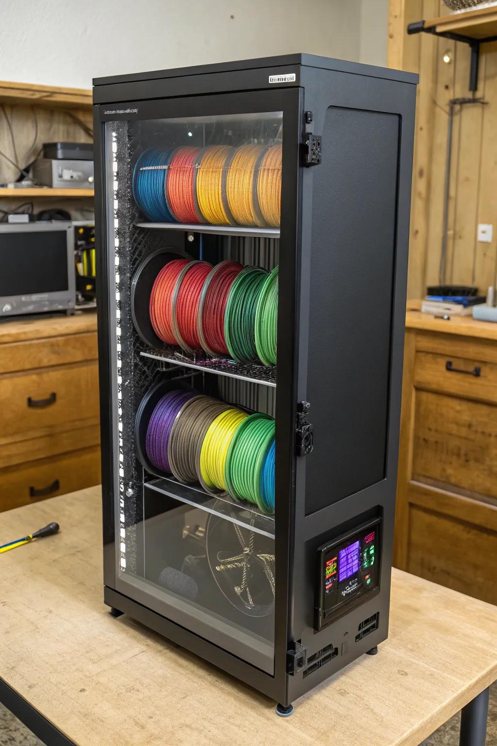 Master the art of filament storage with style and precision using a repurposed camera dry cabinet.