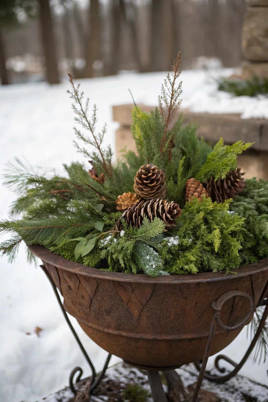 Transform your fire pit into a winter wonderland with evergreens and pinecones, perfect for those who appreciate craftsmanship.