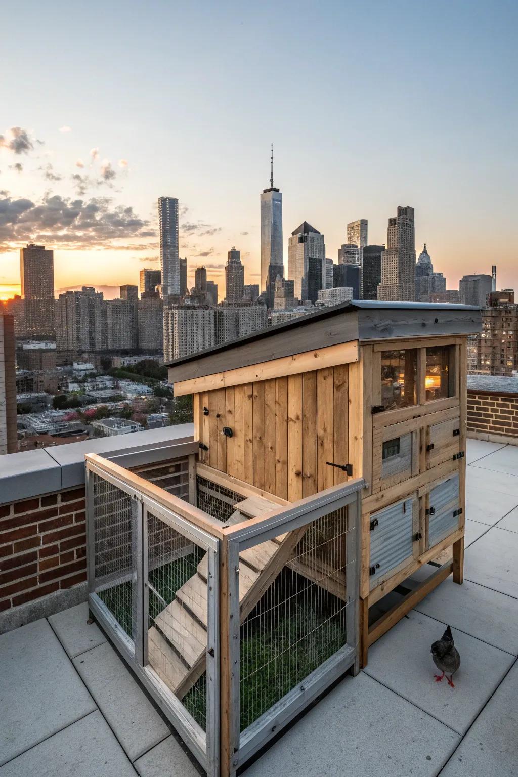 Elevate your urban living with a rooftop chicken coop that blends craftsmanship and city charm.