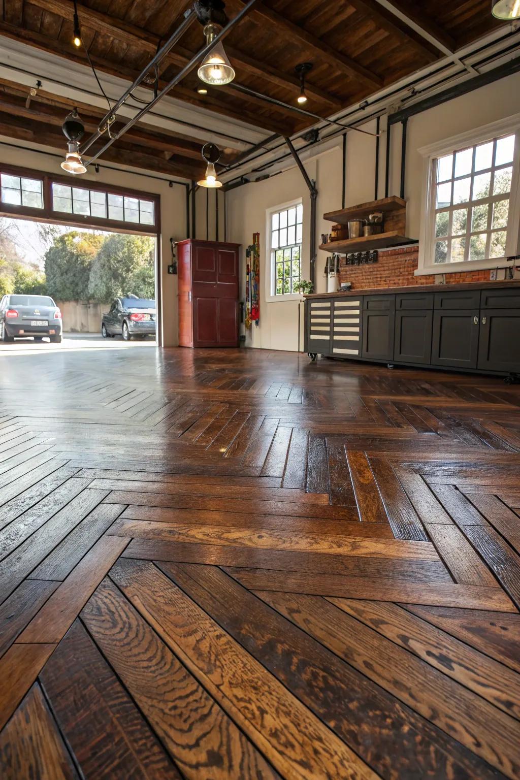 Transform your garage office with the timeless elegance of wood flooring.