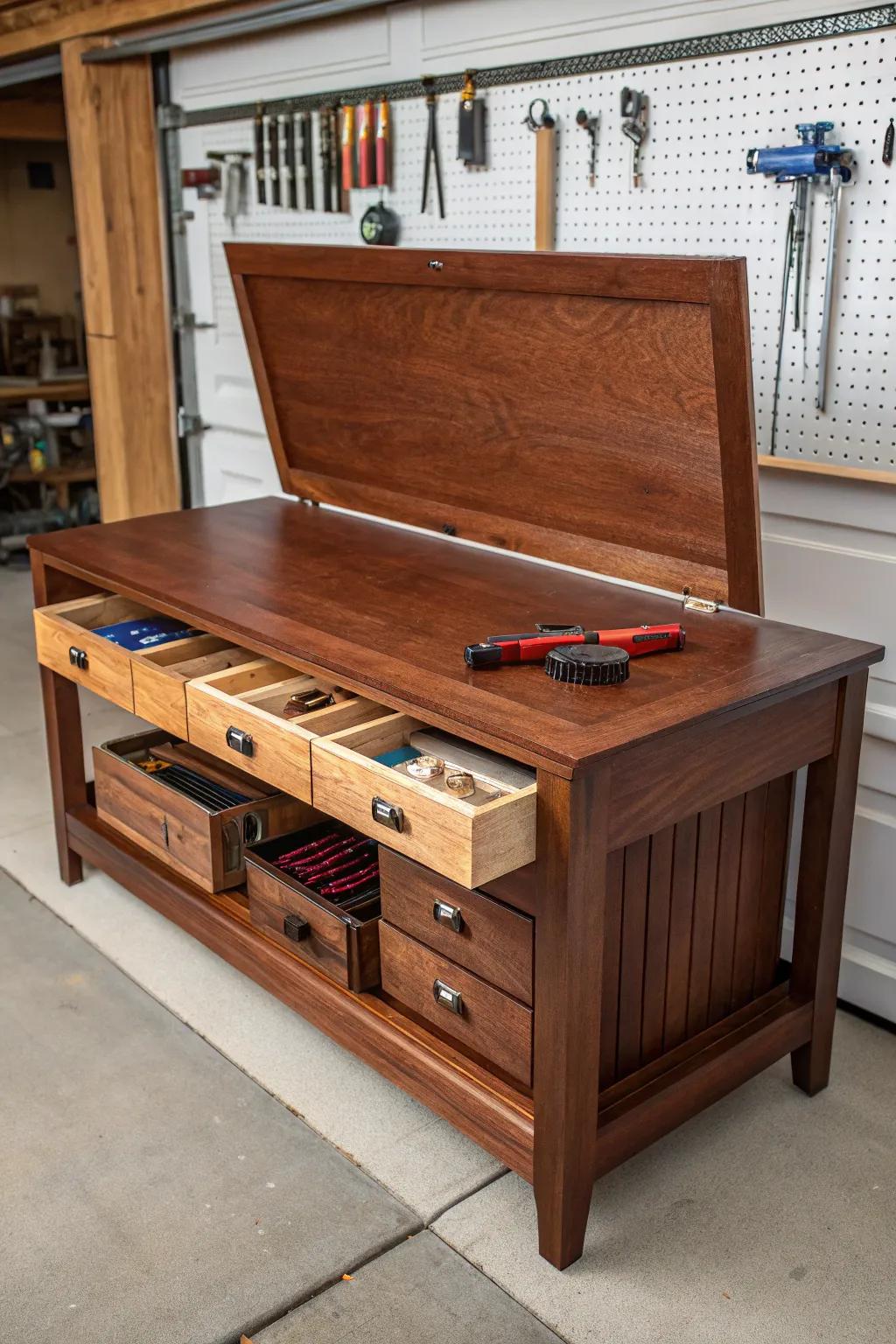 Discover the art of craftsmanship with this stylish hidden storage bench, perfect for your garage sanctuary.