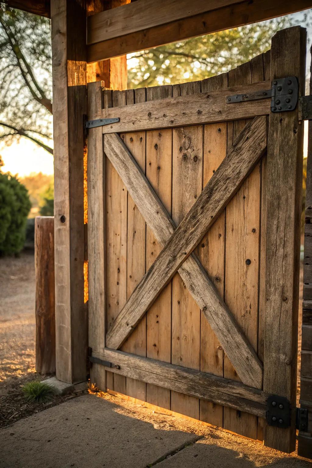 Embrace the warmth of rustic charm with this beautifully crafted wooden gate cover. Perfect for adding character to any entrance.