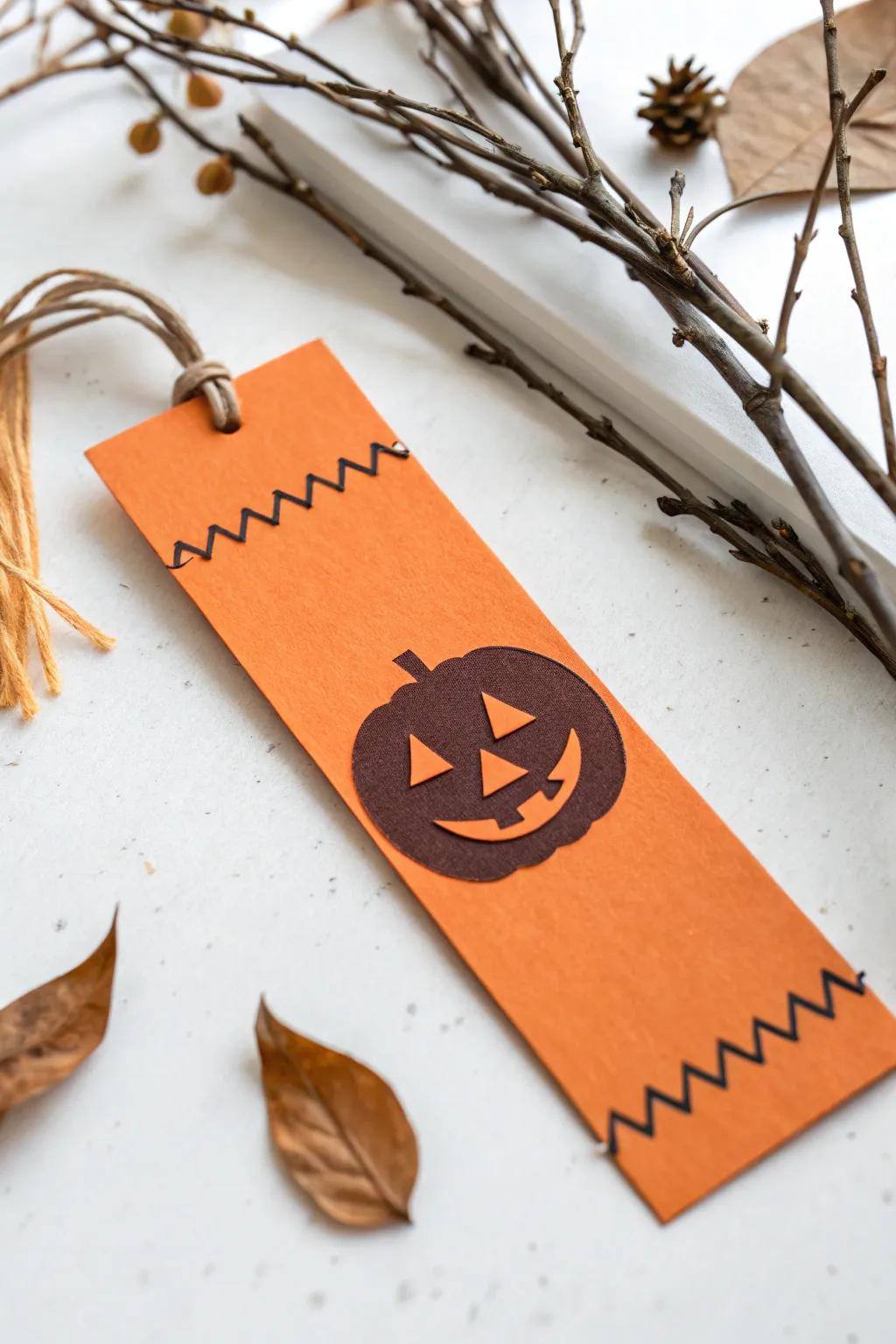 Add a playful touch to your reading nook with this handcrafted jack-o'-lantern bookmark, perfect for a chic and cozy Halloween vibe.