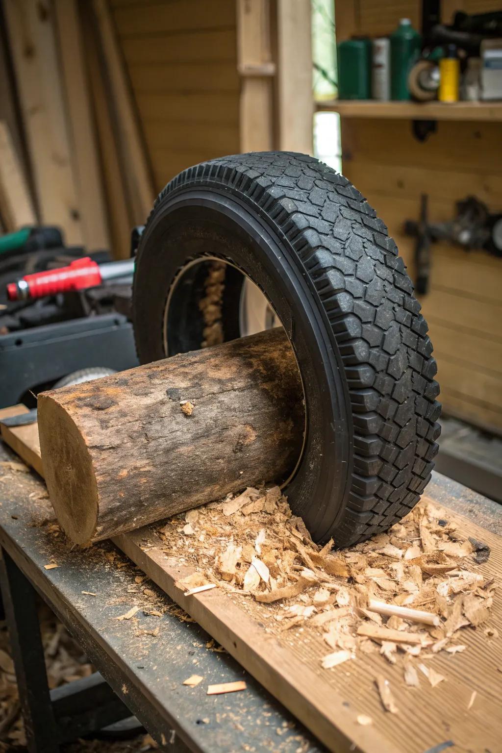 Transform an old tire into a practical wood-splitting aid, blending creativity with craftsmanship.