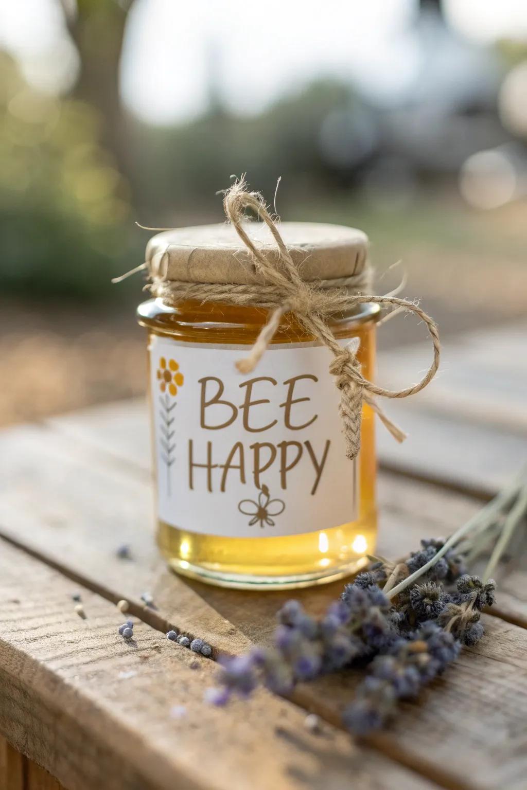 Delight your guests with charming 'Bee Happy' honey jars—a sweet touch for any gathering!